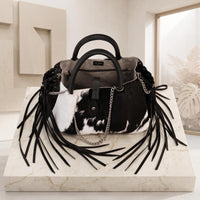 Natural Black & White Fringe Hair-On Cowhide Leather Bag