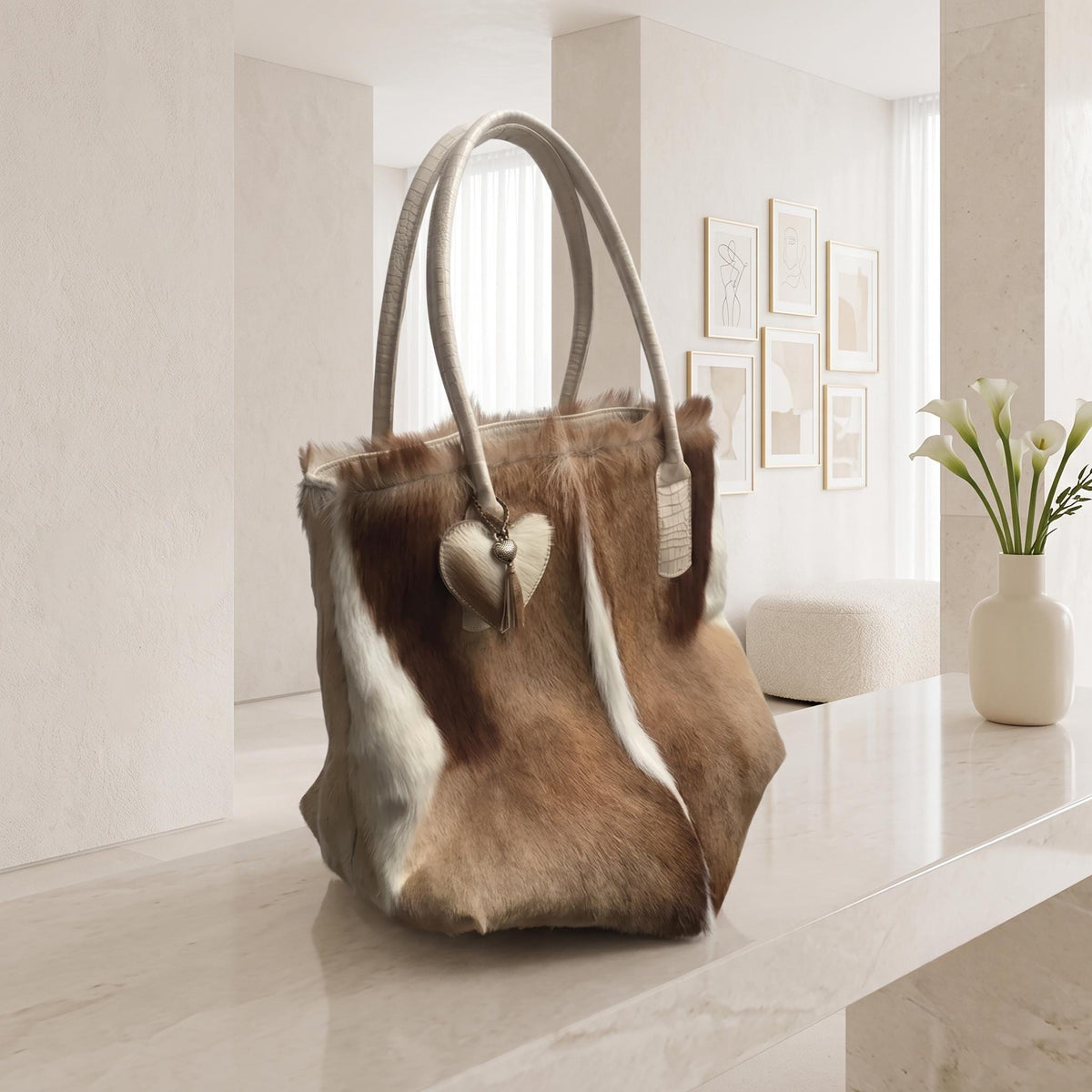 Natural Tan Brown Hair-On Cowhide Leather Tote Bag
