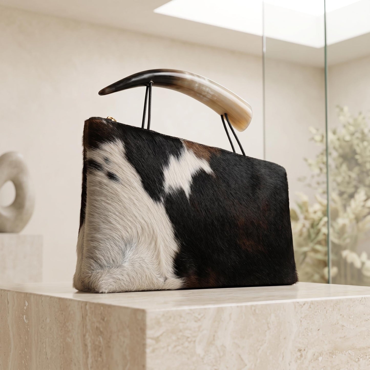 Natural Black & White Hair-On Cowhide Leather Bag with Authentic Horn Handle
