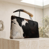 Natural Black & White Hair-On Cowhide Leather Bag with Authentic Horn Handle