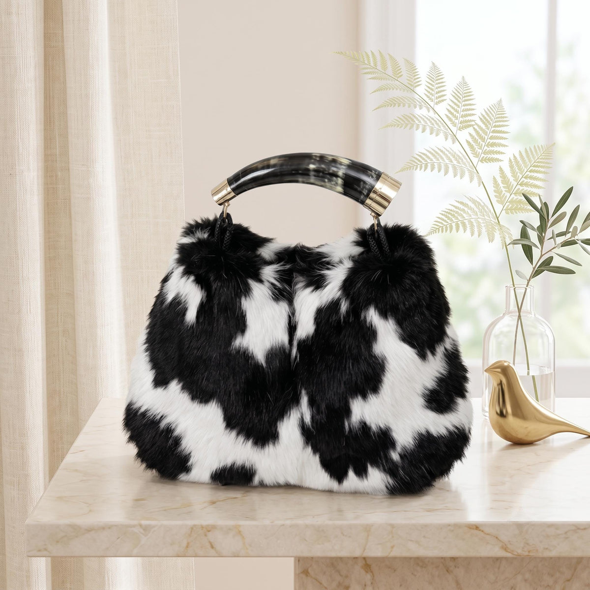 Natural Black & White Fluffy Hair-On Cowhide Leather Bag | Handmade Genuine Leather Handbag
