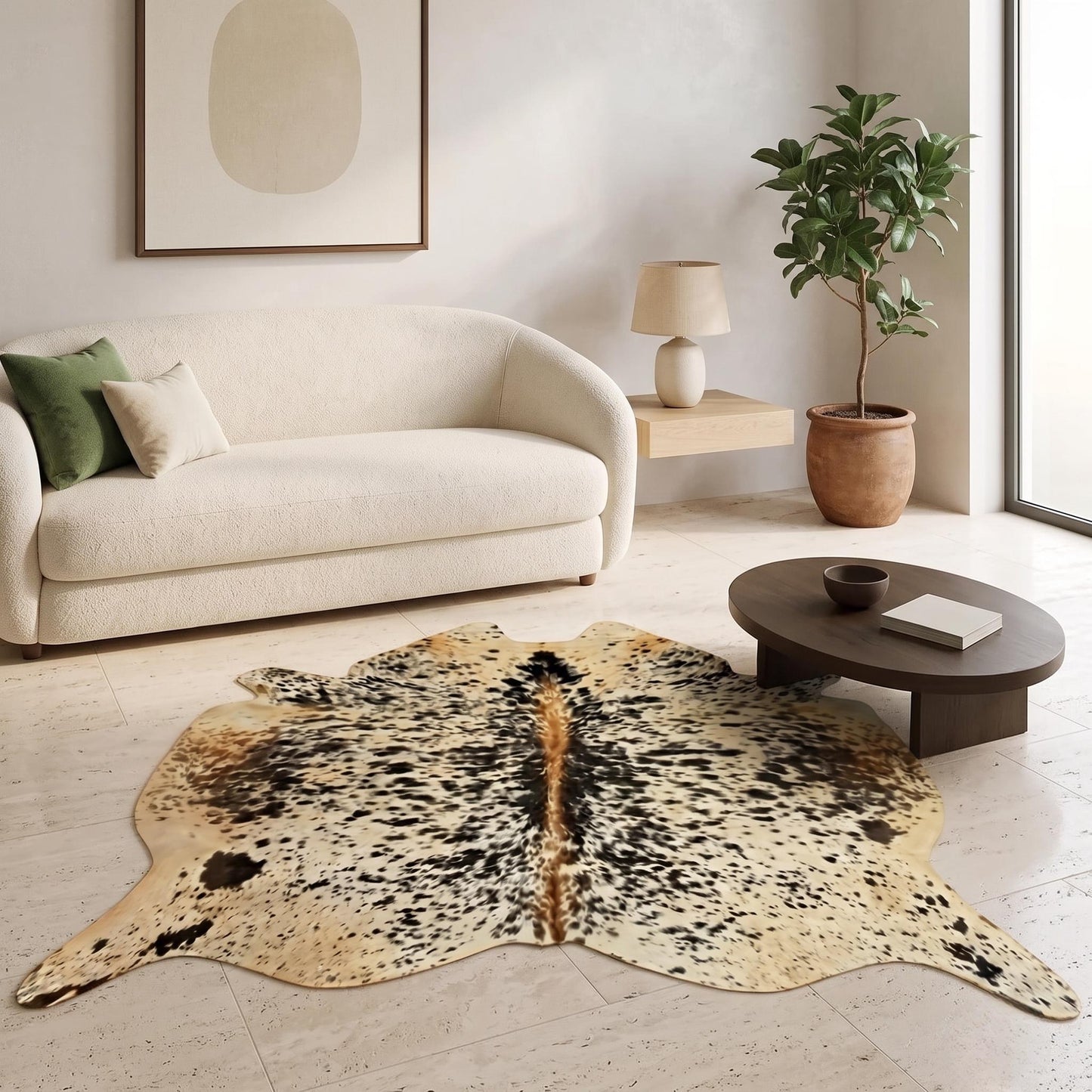 Natural Speckled Tan Brown & White Cowhide Rug – Handmade Hair-On Cow Skin Area Rug