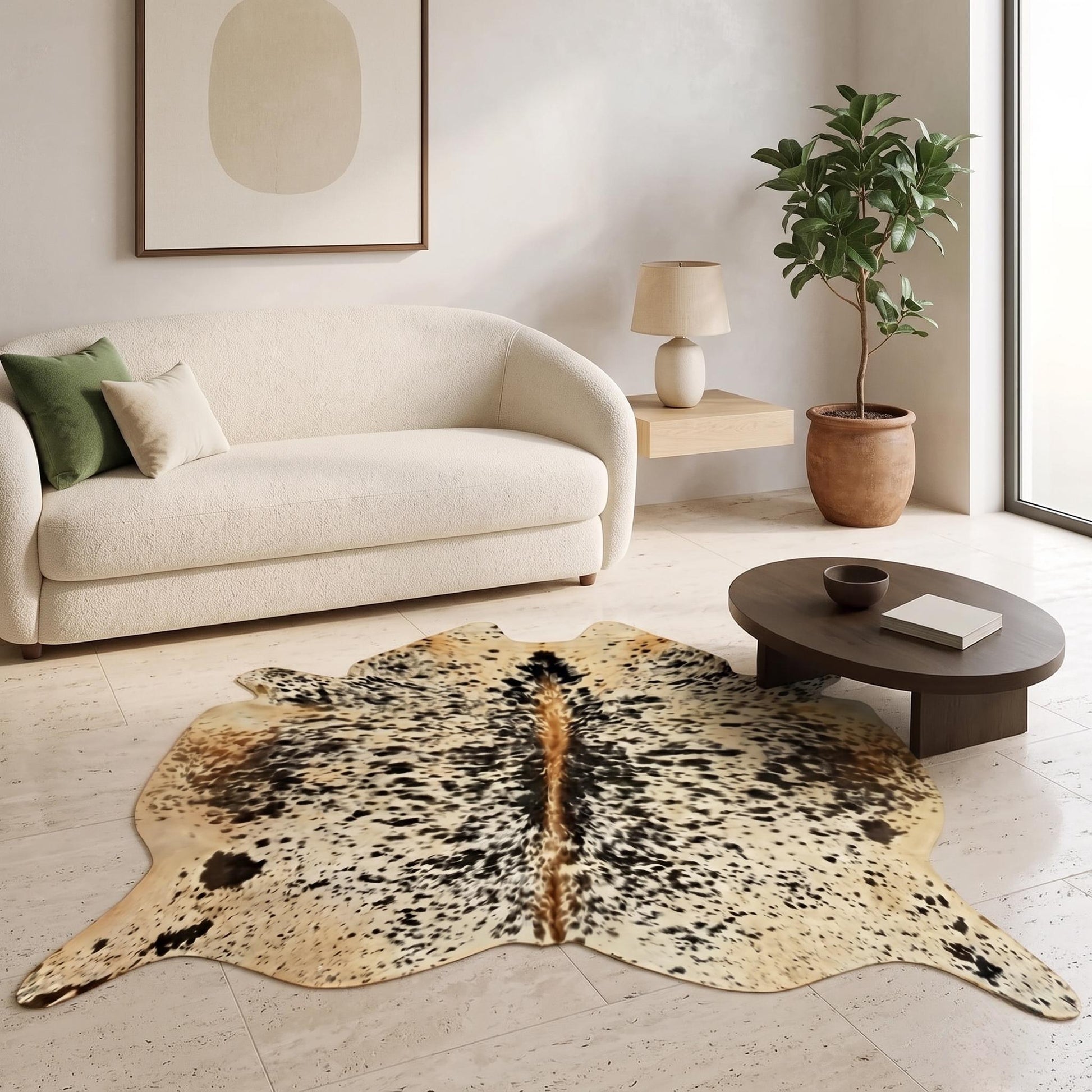Natural Speckled Tan Brown & White Cowhide Rug – Handmade Hair-On Cow Skin Area Rug