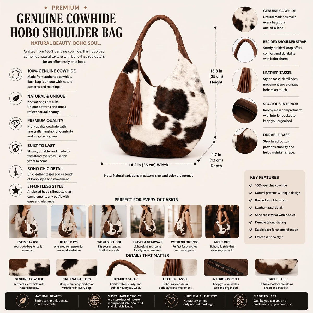 Natural Brown & White Hair-On Cowhide Leather Hobo Bag