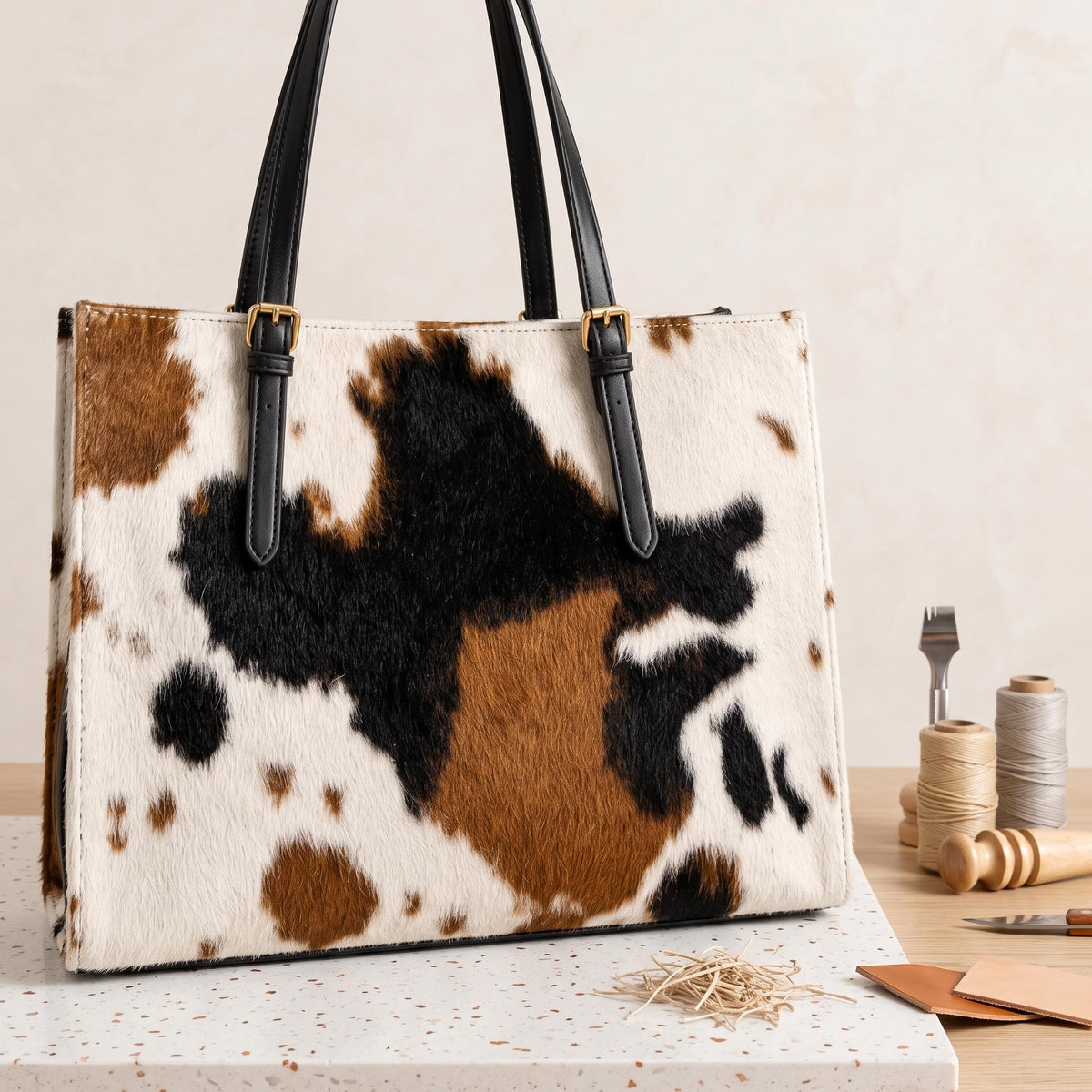 Natural Tricolor Cowhide Leather Tote Bag | Handmade Hair-On Leather Handbag