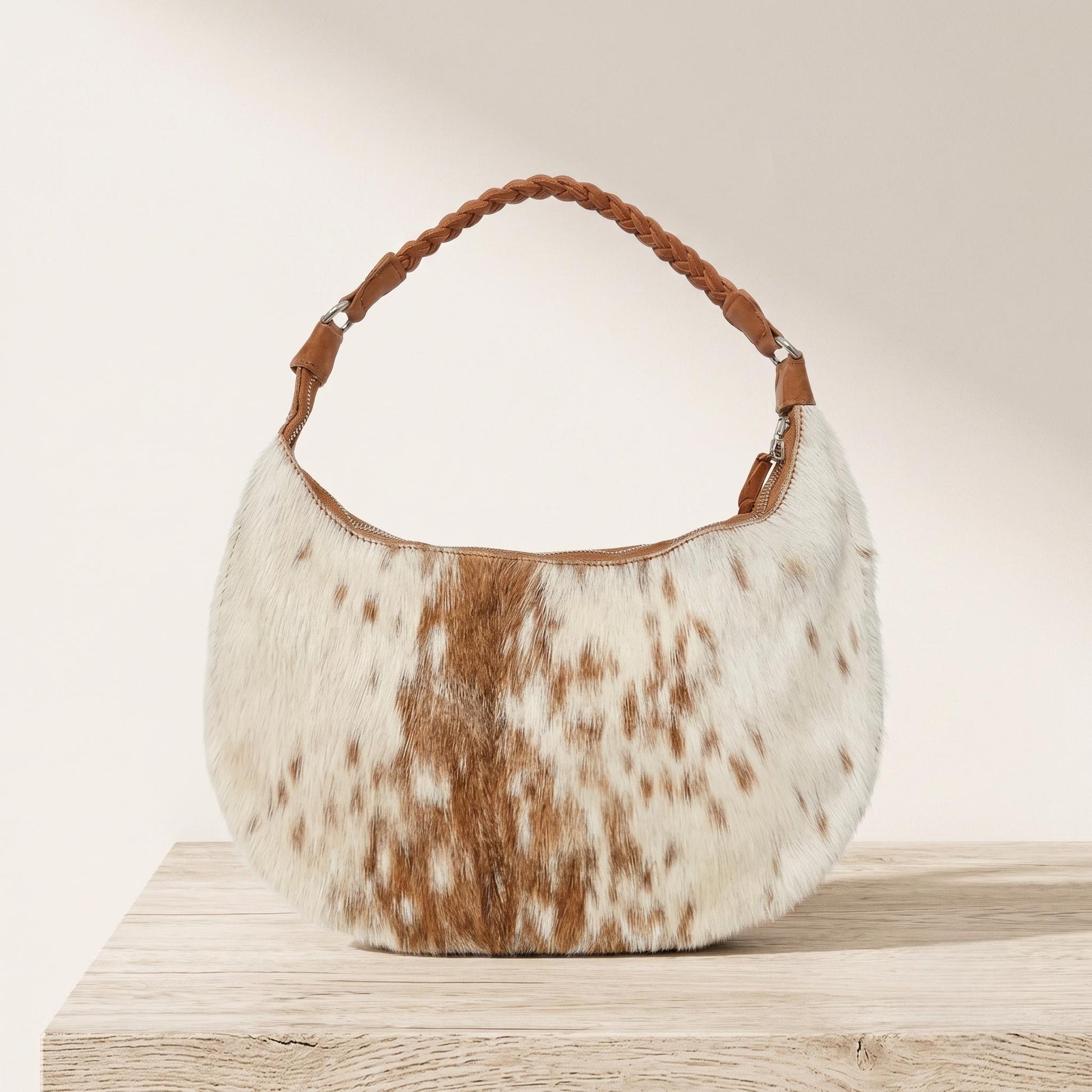 Natural Tan Brown & White Speckled Hair-On Cowhide Leather Shoulder Bag