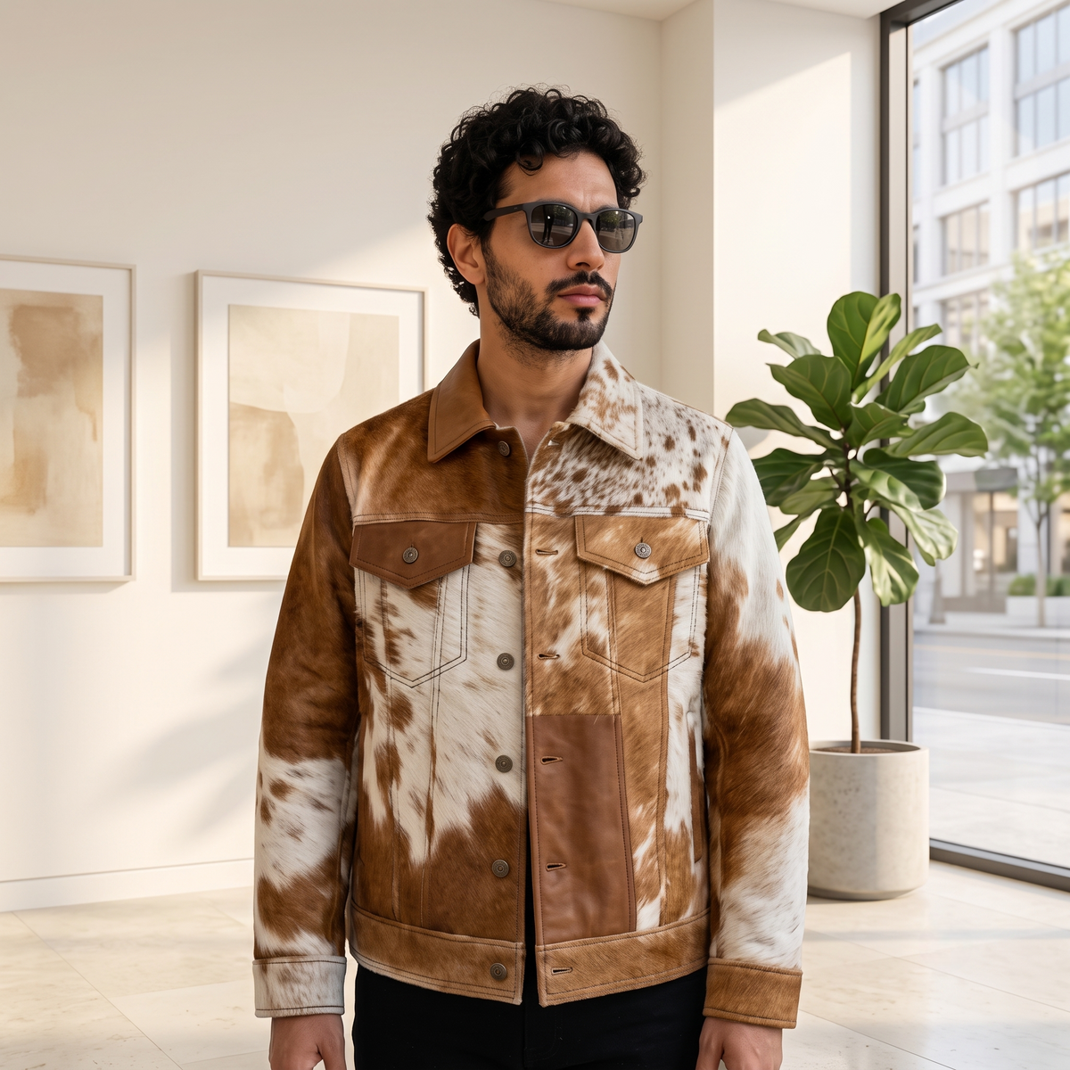 Brown & White Cowhide Leather Western Trucker Jacket