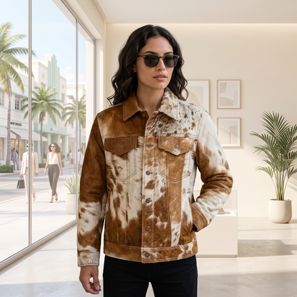 Brown & White Cowhide Leather Western Trucker Jacket