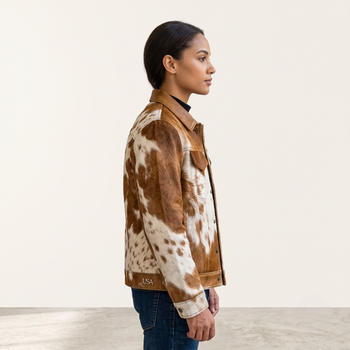 Brown & White Cowhide Leather Western Trucker Jacket