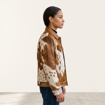 Brown & White Cowhide Leather Western Trucker Jacket