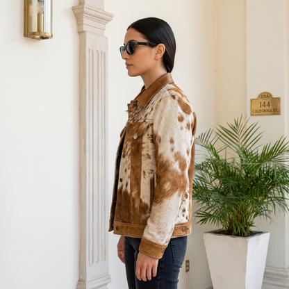 Brown & White Cowhide Leather Western Trucker Jacket
