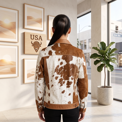 Brown & White Cowhide Leather Western Trucker Jacket