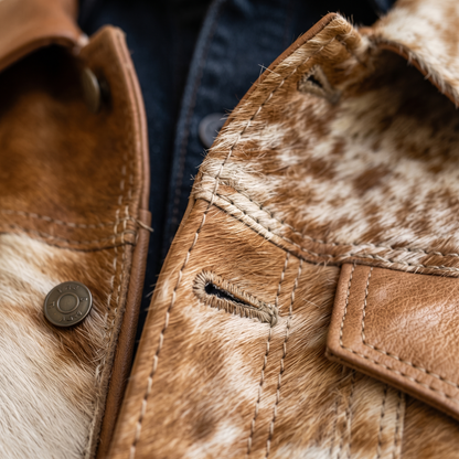 Brown & White Cowhide Leather Western Trucker Jacket