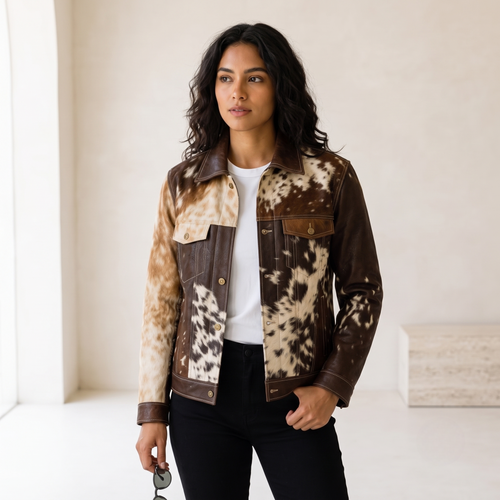 Brown & White Hair-On Cowhide Western Leather Jacket