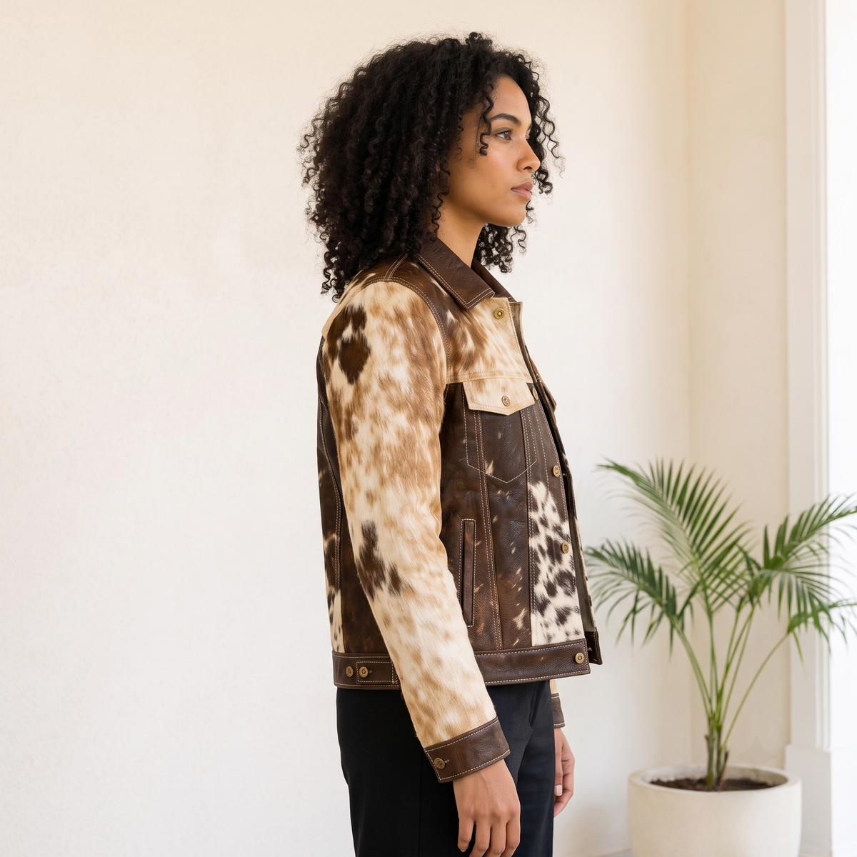 Brown & White Hair-On Cowhide Western Leather Jacket