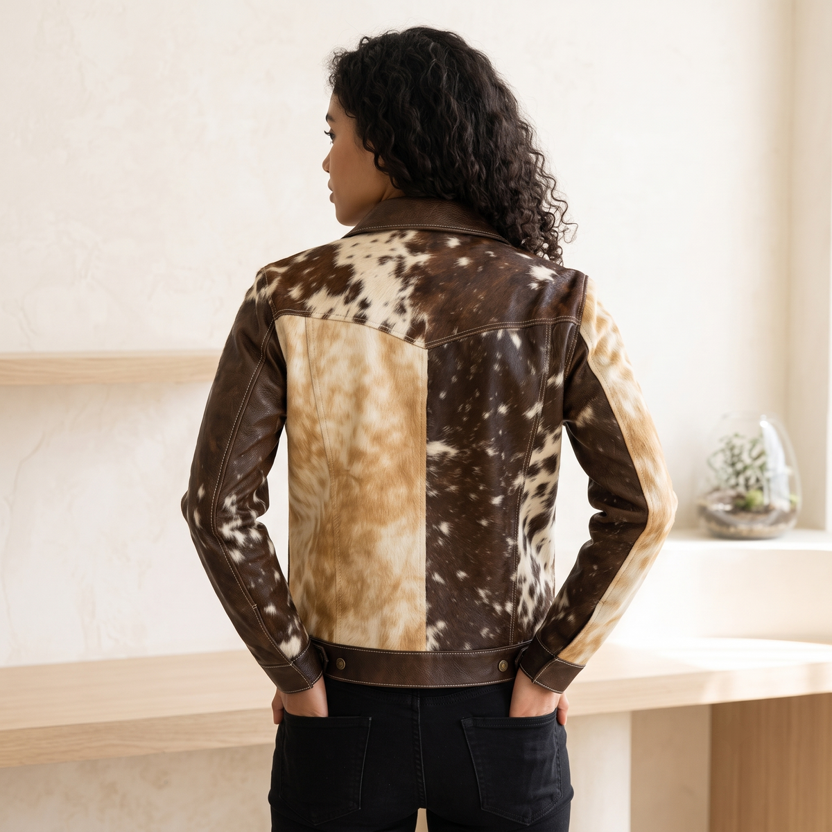 Brown & White Hair-On Cowhide Western Leather Jacket