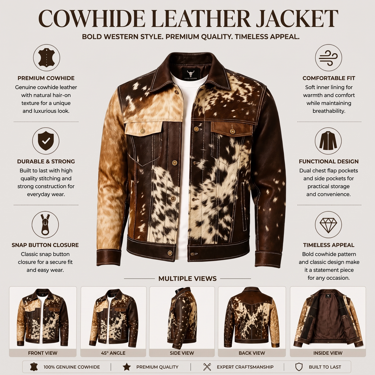 Brown & White Hair-On Cowhide Western Leather Jacket