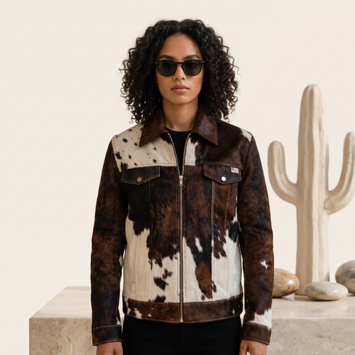Brown Hair-On Cowhide Western Jacket with White Panels
