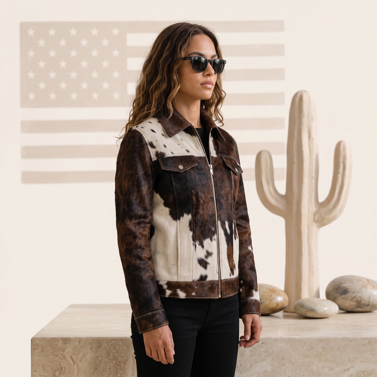 Brown Hair-On Cowhide Western Jacket with White Panels