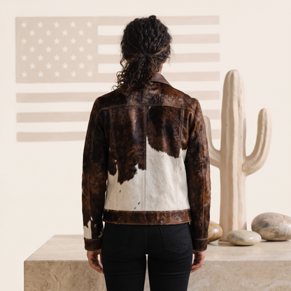 Brown Hair-On Cowhide Western Jacket with White Panels