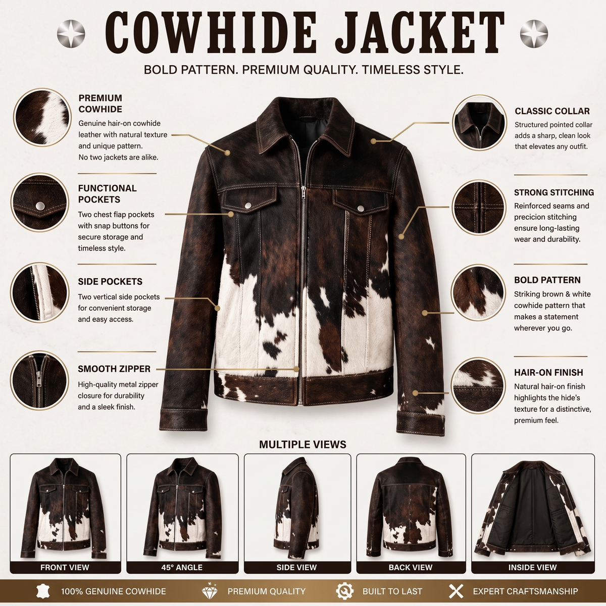 Brown Hair-On Cowhide Western Jacket with White Panels