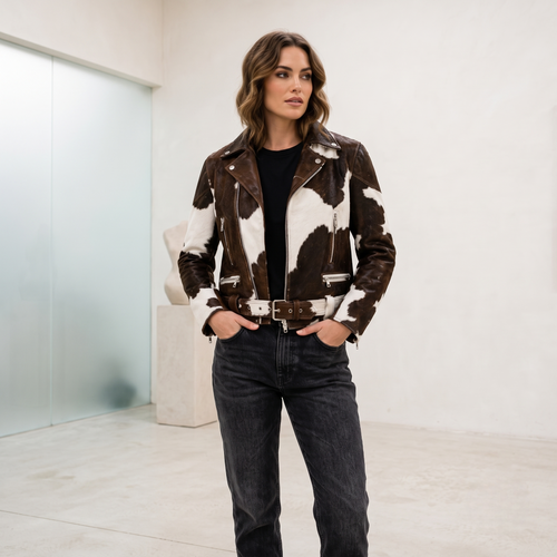 Black & White Hair-On Cowhide Leather Biker Jacket
