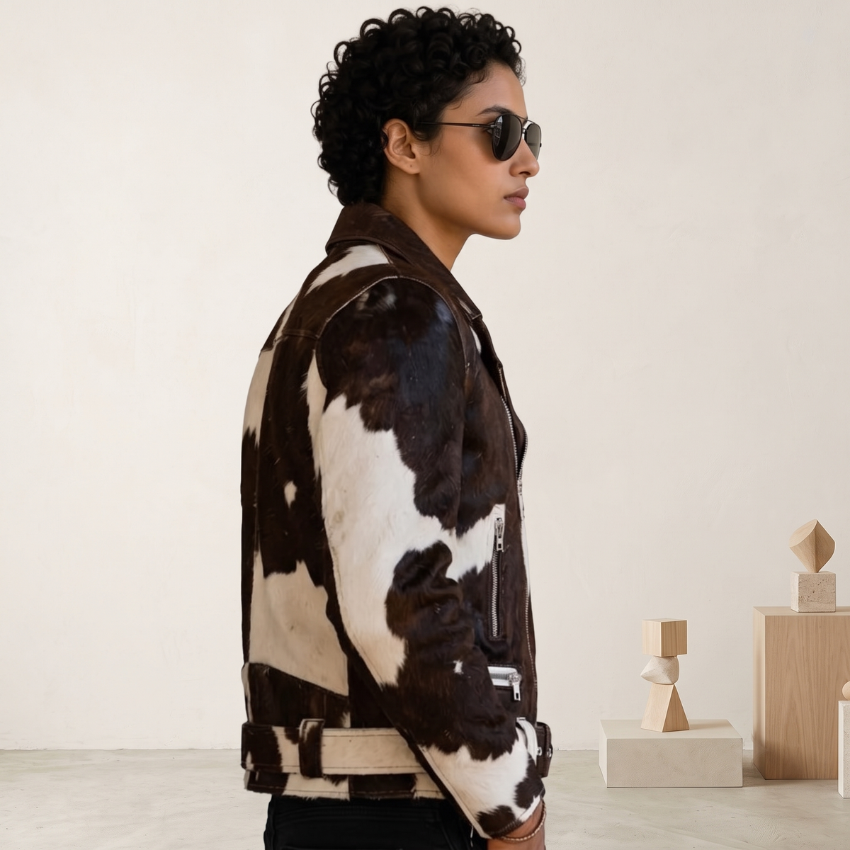 Black & White Hair-On Cowhide Leather Biker Jacket