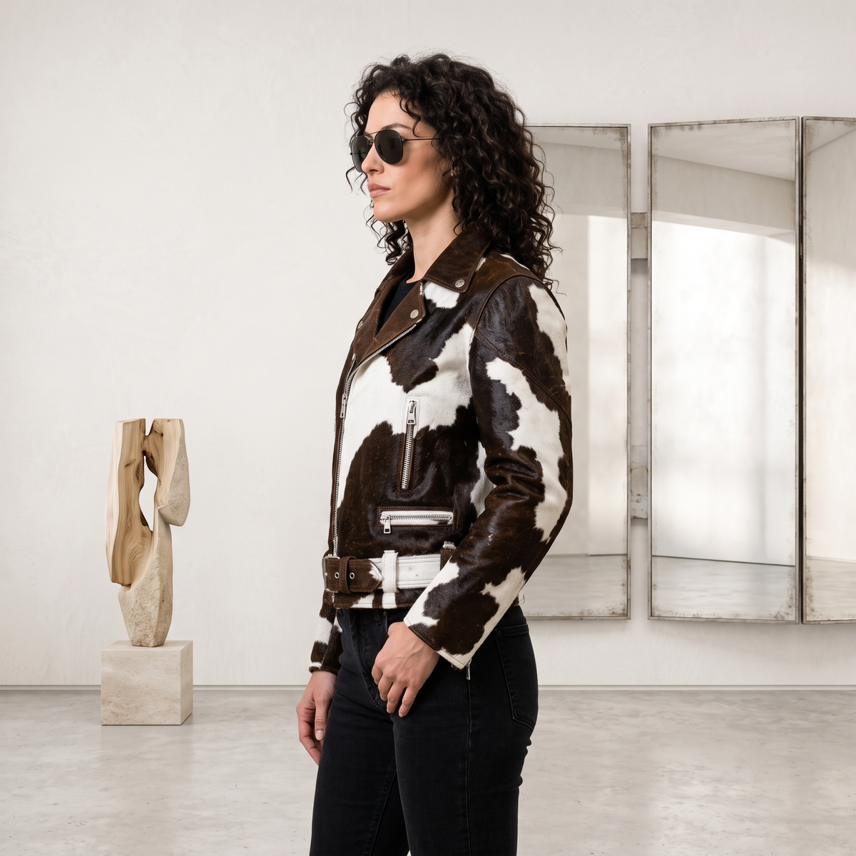 Black & White Hair-On Cowhide Leather Biker Jacket
