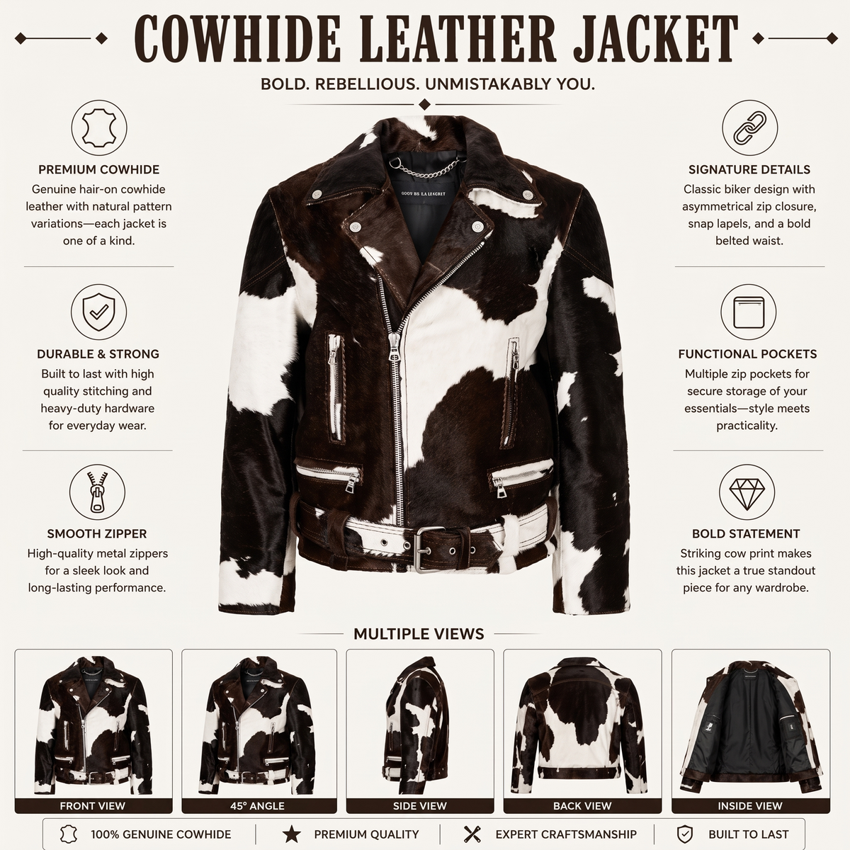 Black & White Hair-On Cowhide Leather Biker Jacket