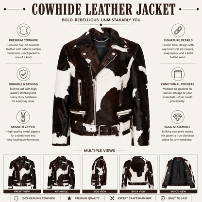 Black & White Hair-On Cowhide Leather Biker Jacket