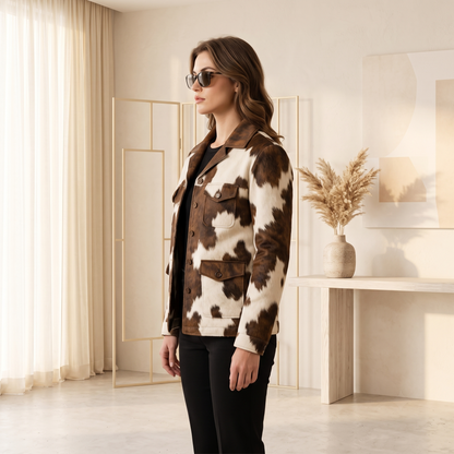 Men’s Brown & White Cow-Print Western Blazer Jacket