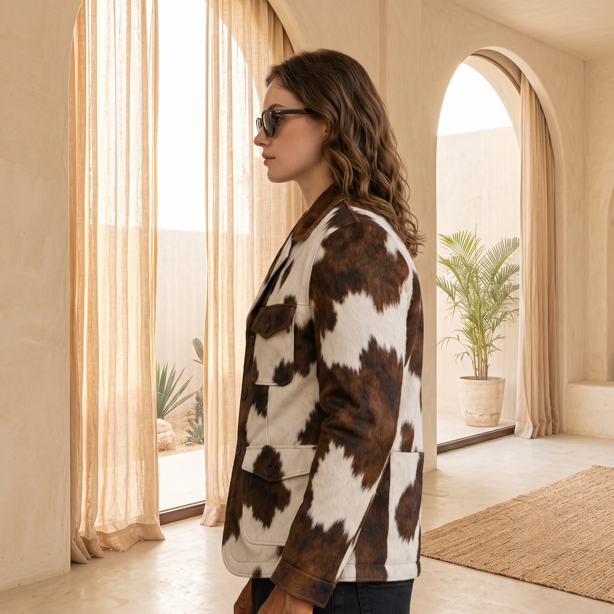 Men’s Brown & White Cow-Print Western Blazer Jacket